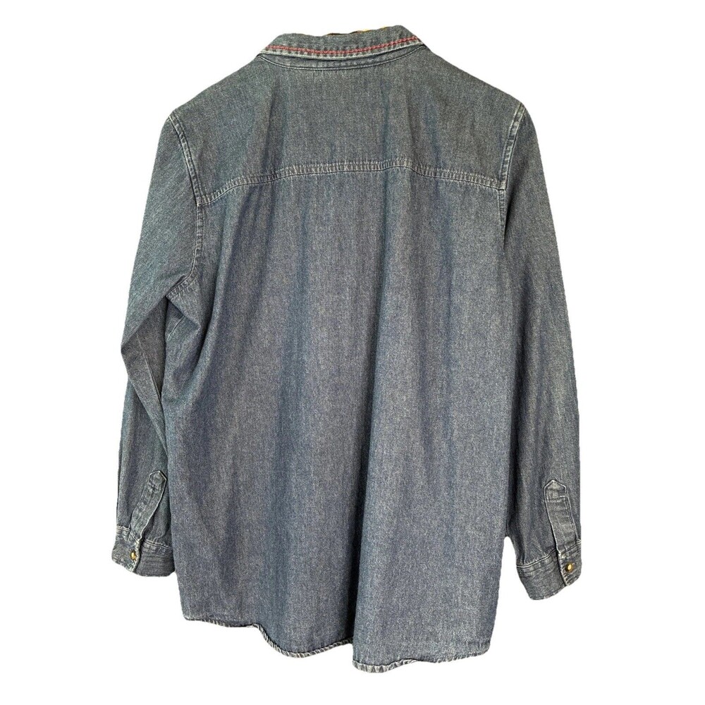 Vtg 90s Y2K Bobbie Brooks Denim Shirt Sz L Blue Floral Embroidery Red Plaid Trim - Picture 5 of 13